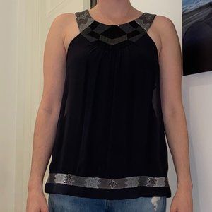 sheer black blouse with metallic embroidery